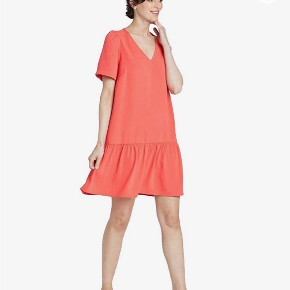 - A New Day Short Sleeve Ruffle Hem Dress in Coral